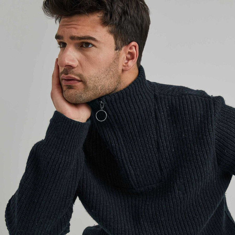 Clearance FAGUO Navy Zip-Neck Collar Sweater