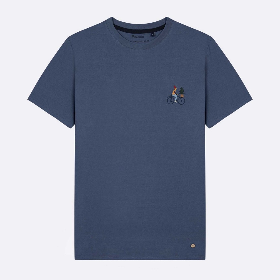 Best FAGUO Washed Navy Round Neck T-Shirt Bike Embroidery